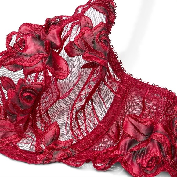 Victoria’s Secret 38D Red Lacquer Red Rose Embroidery Unlined Low Cut Demi Bra - Picture 2 of 3